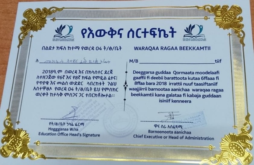 Mekanisa Abadir School Education Excellence Award certificate 1