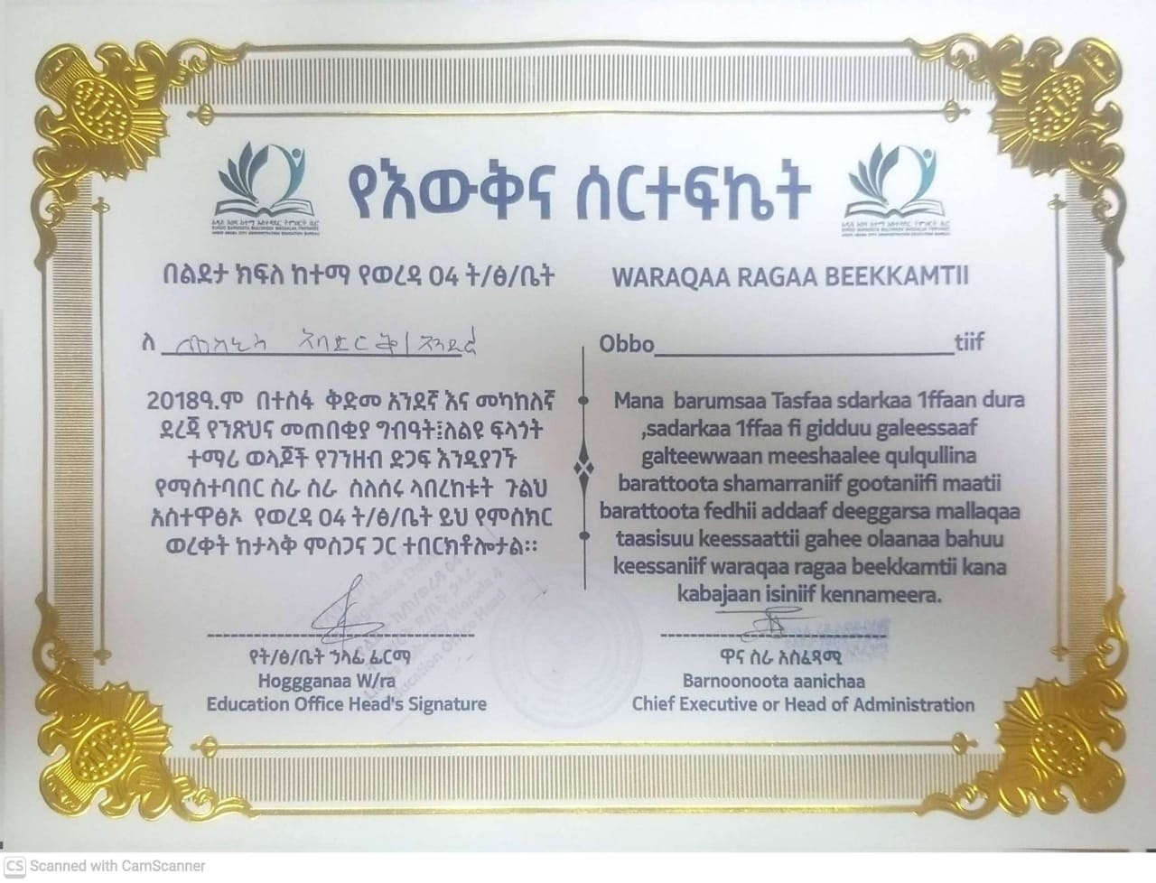 Mekanisa Abadir School Education Excellence Award certificate 2