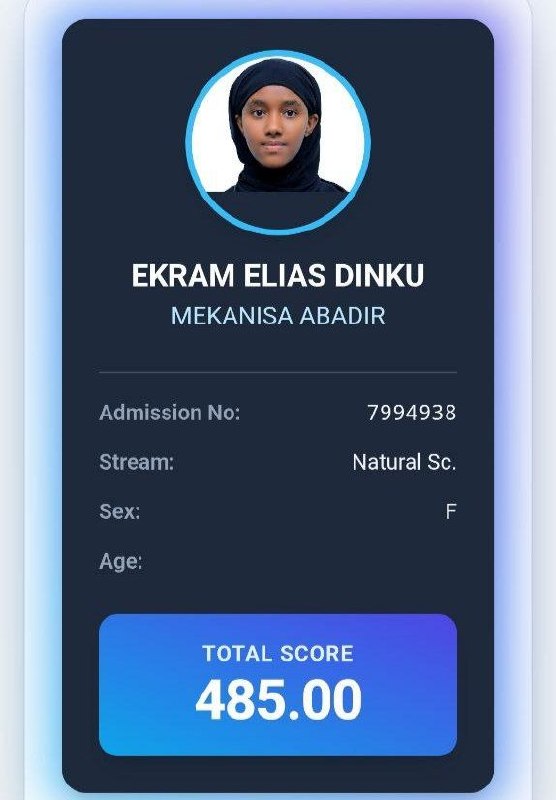 Ekram Elias Dinku ESSLCE result card showing a total score of 485 in the Natural Science stream
